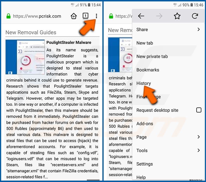 Usuwanie historii przeglądania z przeglądarki Firefox w systemie operacyjnym Android (krok 1)