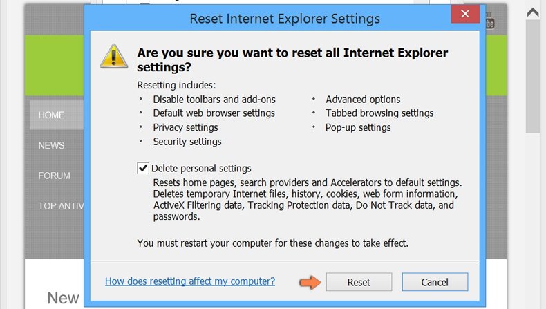 Resetowanie ustawień Internet Explorer do domyślnych na Windows 8 - potwierdź reset ustawień do domyślnych klikając przycisk reset