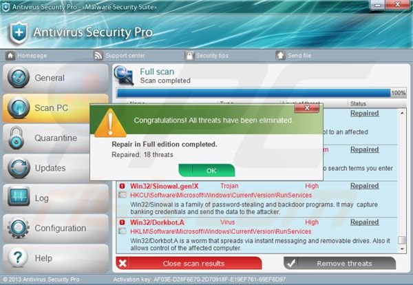 Antivirus Security Pro po wprowadzaniu klucza aktywacji