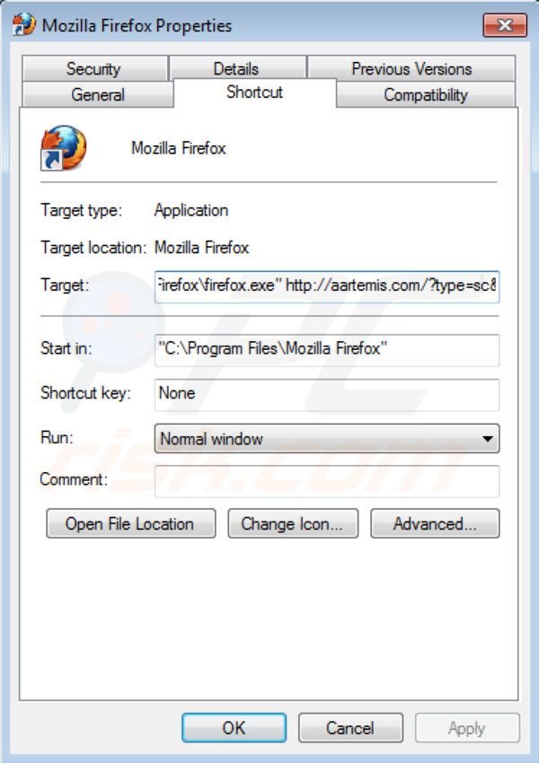 Usuwanie Aartemis ze skrótu docelowego Mozilla Firefox
