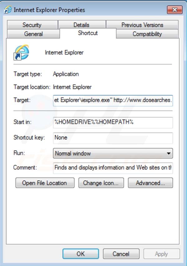 Usuwanie Dosearches ze skrótu docelowego Internet Explorer