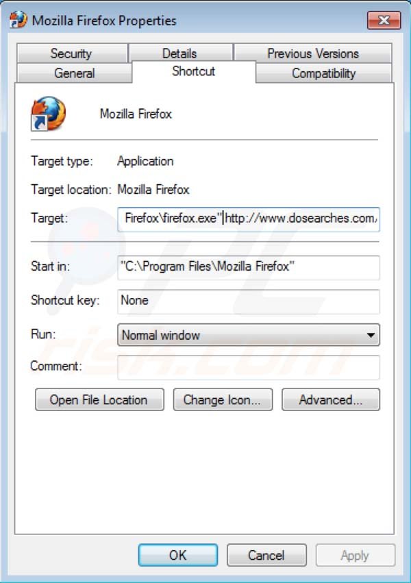 Usuwanie Dosearches ze skrótu docelowego Mozilla Firefox