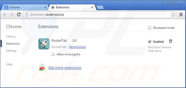 Usuwanie reklam Rocket tab z Google Chrome krok 2