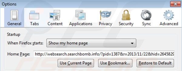 Usuwanie websearch.searchbomb.info ze strony domowej Mozilla Firefox