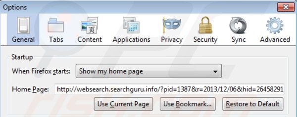 Usuwanie websearch.searchguru.info ze strony domowej Mozilla Firefox