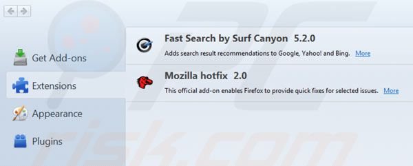 Usuwanie Surf Canyon z rozszerzeń Mozilla Firefox