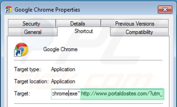 Usuwanie portaldosites.com ze skrótu docelowego Google Chrome krok 2