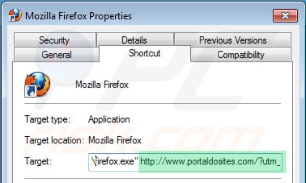Usuwanie portaldosites.com ze skrótu docelowego Mozilla Firefox krok 2