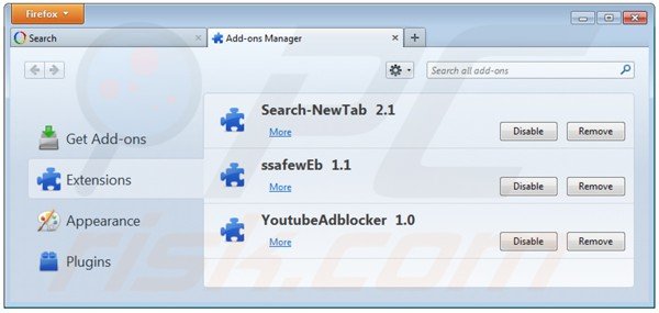 Usuwanie websearch.searchsun.info z powiązanych rozszerzeń Mozilla Firefox