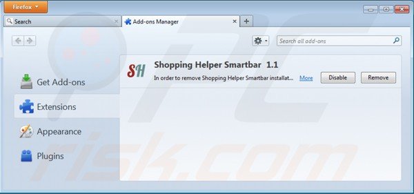 Usuwanie shopping helper smartbar z rozszerzeń Mozilla Firefox