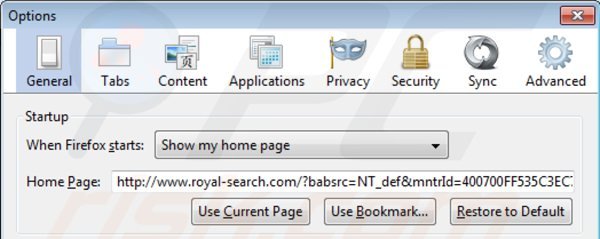 Usuwanie royal-search.com ze strony domowej Mozilla Firefox