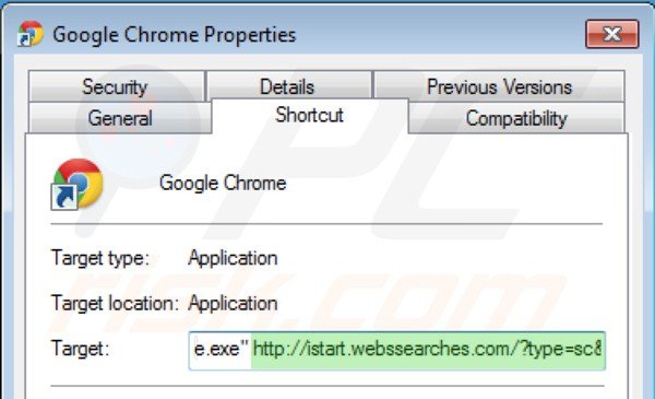 Usuwanie istart.webssearches.com ze skrótu docelowego Google Chrome krok 2