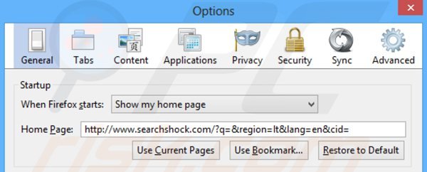 Usuwanie searchshock.com ze strony domowej Mozilla Firefox