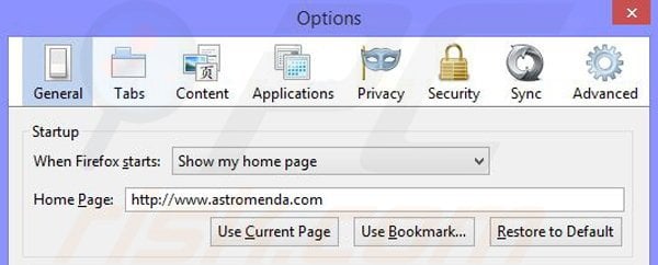Usuwanie porywacza przeglądarki Astromenda z Mozilla Firefox krok 2