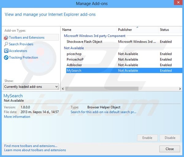 Usuwanie websearch.flyandsearch.info z powiązanych rozszerzeń Internet Explorer