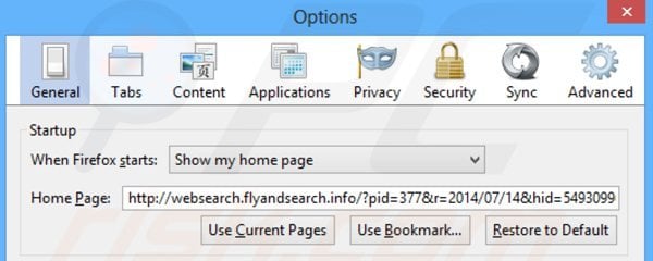 Usuwanie websearch.flyandsearch.info ze strony domowej Mozilla Firefox