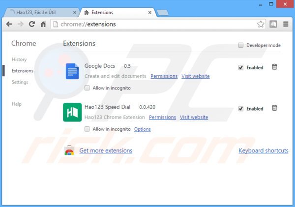 Usuwanie hao123.com z powiązanych rozszerzeń Google Chrome