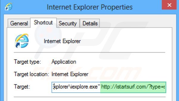 Usuwanie istartsurf.com ze skrótu docelowego Internet Explorer krok 2