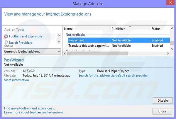 Usuwanie reklam PassWizard z Internet Explorer krok 2