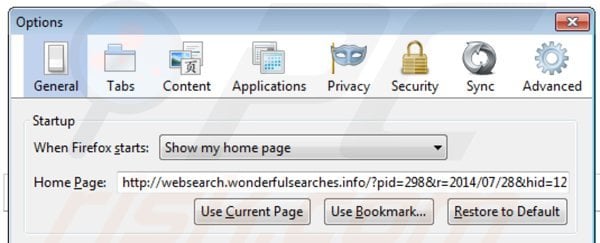 Usuwanie websearch.wonderfulsearches.info ze strony domowej Mozilla Firefox