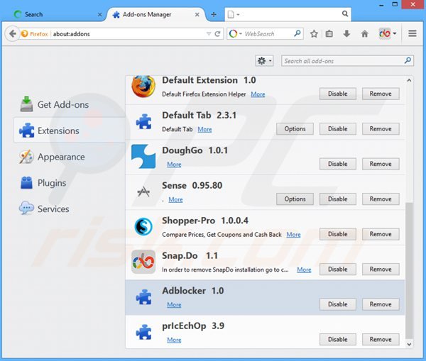 Usuwanie websearch.fixsearch.info z powiązanych rozszerzeń Mozilla Firefox