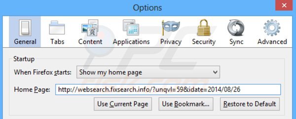 Usuwanie websearch.fixsearch.info ze strony domowej Mozilla Firefox