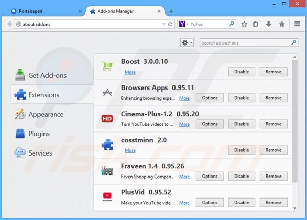 Usuwanie portalsepeti.com z powiązanych rozszerzeń Mozilla Firefox