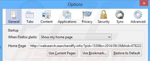 Usuwanie websearch.searchandfly.info ze strony domowej Mozilla Firefox
