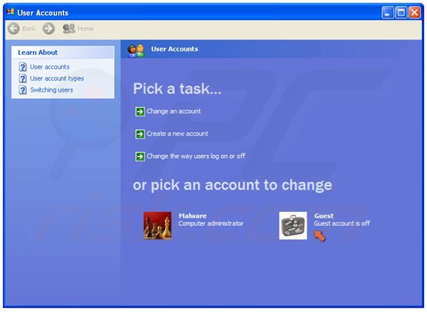 Zmienianie użytkownika na gościa Windows XP krok 3 - klikając