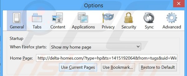 Usuwanie delta-homes.com ze strony domowej Mozilla Firefox