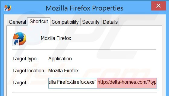 Usuwanie delta-homes.com ze skrótu docelowego Mozilla Firefox krok 2
