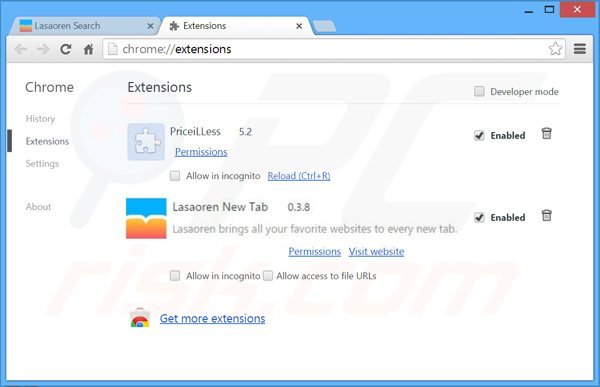 Usuwanie powiązanych rozszerzeń lasaoren.com z Google Chrome