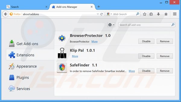 Usuwanie powiązanych rozszerzeń search.safefinder.com z Mozilla Firefox
