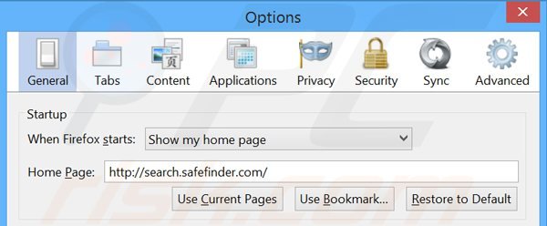 Usuwanie search.safefinder.com ze strony domowej Mozilla Firefox