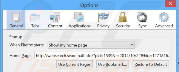 Usuwanie websearch.searc-hall.info ze strony domowej Mozilla Firefox