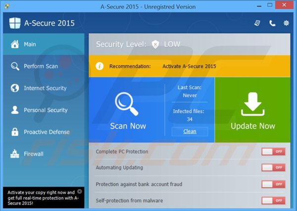 Główne okno fałszywego antywirusa a-secure 2015 