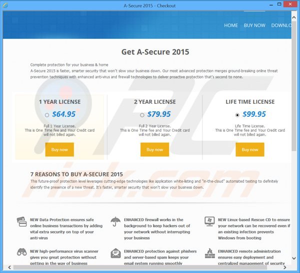 złośliwa strona użyta do promowania fałszywego antywirusa a-secure 2015