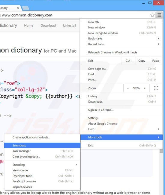Usuwanie reklam common dictionary z Google Chrome krok 1