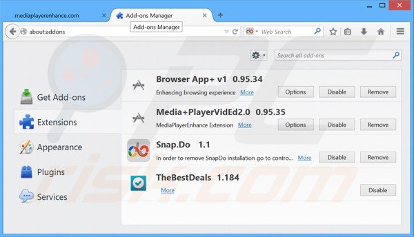 Usuwanie reklam media player enhance z Mozilla Firefox krok 2