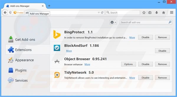 Removing BingProtect related Mozilla Firefox extensions