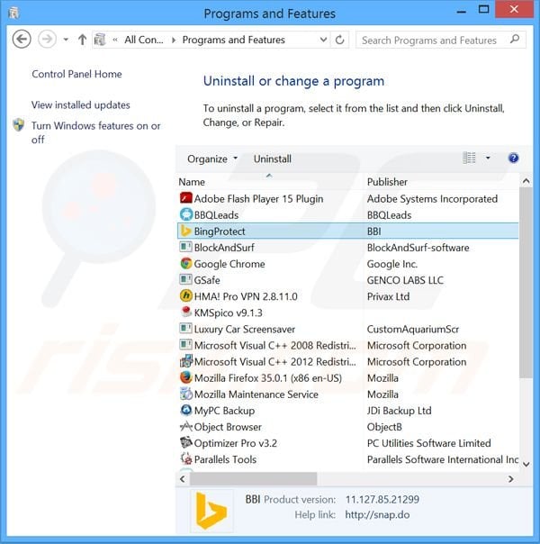 BingProtect browser hijacker uninstall via Control Panel