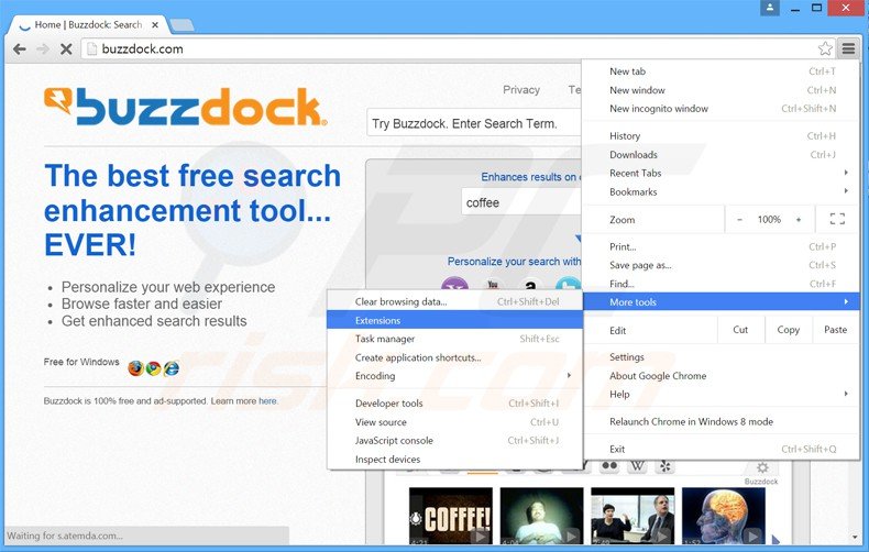 Removing buzzdock ads from Google Chrome step 1