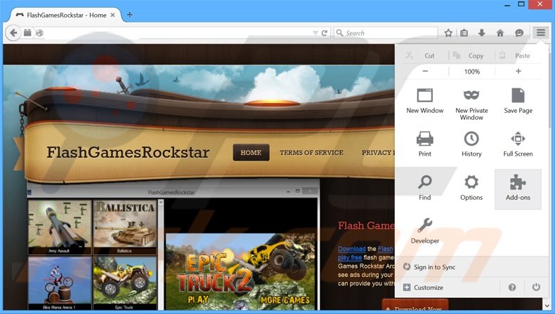 Removing FlashGamesRockstar ads from Mozilla Firefox step 1