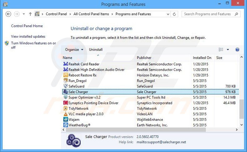 sale charger adware uninstall via Control Panel