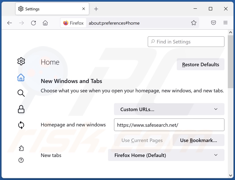 Usuwanie safesearch.net ze strony domowej Mozilla Firefox