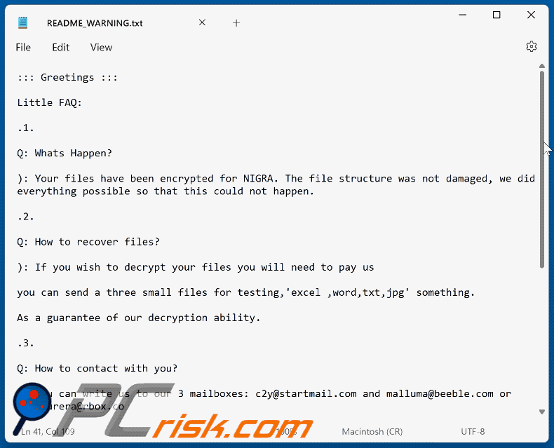 Notatka z żądaniem okupu ransomware Nigra (README_WARNING.txt) GIF