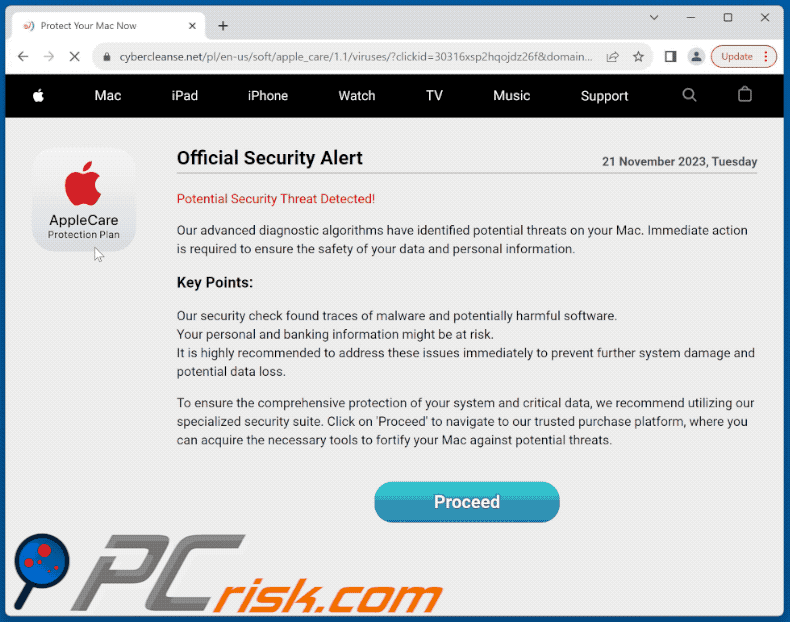Wygląd oszustwa AppleCare - Official Security Alert (GIF)