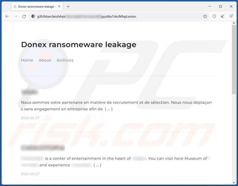Strona z wyciekiem danych ransomware DoNex