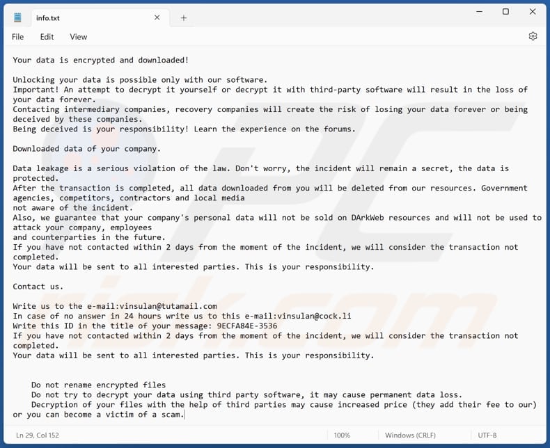 Plik tekstowy ransomware Dzen (info.txt)