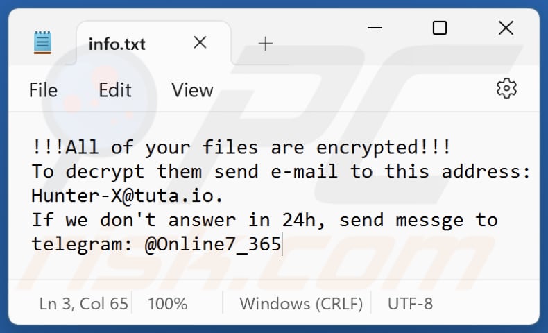 Plik tekstowy ransomware HUNTER (info.txt)